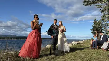 Clare and Kenny at their waterside wedding ceremony on Great Cranberry Island