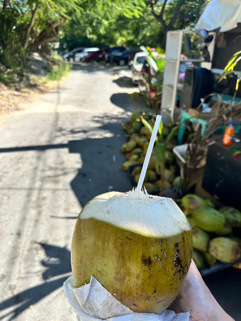 A hand holds a fresh green coconut with a white straw on a shady lane beside a stand piled with more coconuts.