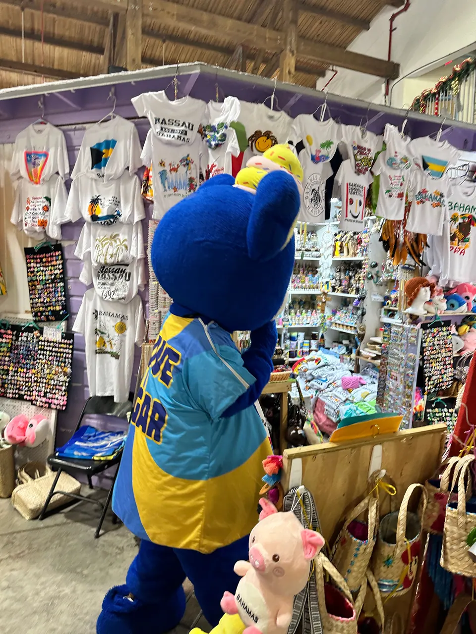 A person in a blue bear mascot costume browses a stall hung with Bahamas T-shirts, straw bags and souvenirs, a pink toy pig dangling nearby.