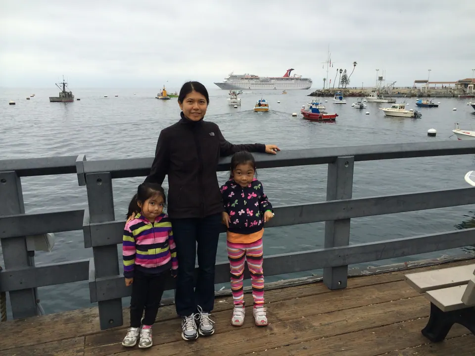 A woman in black stands with two small girls at a gray wooden railing on a pier, with moored boats and a white cruise ship far off under a flat gray sky.