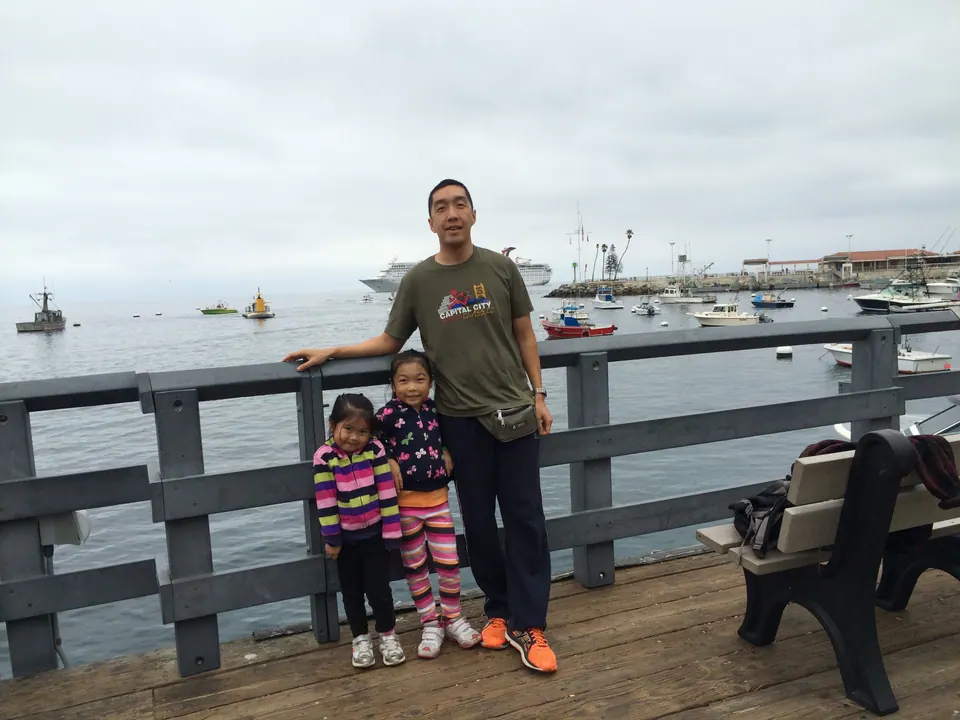 A man in a green T-shirt stands with two small girls at a gray wooden pier railing, with moored boats and the anchored ship behind them.