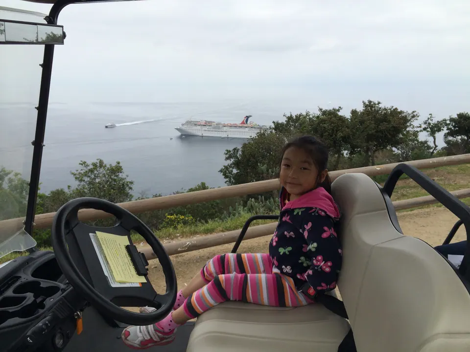 A girl in a butterfly-print jacket sits sideways on a golf-cart seat at a hillside overlook, the white ship far out on a gray sea behind her.