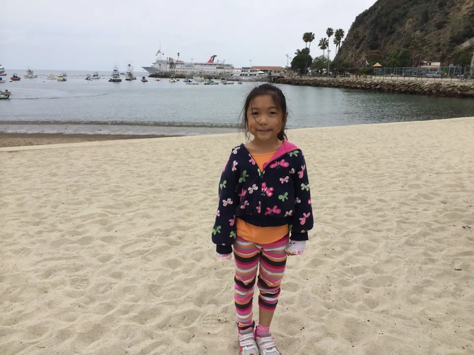 A girl in a butterfly-print jacket and striped leggings stands on wet sand, with boats and a cruise ship far out on the water and a hillside behind her.
