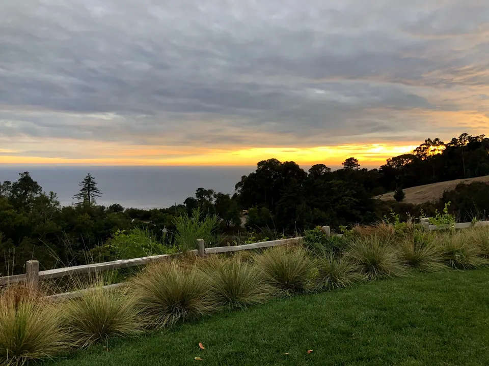 A pale gold band of sunset under a grey sky over the sea, with fence, grasses and lawn in the foreground.