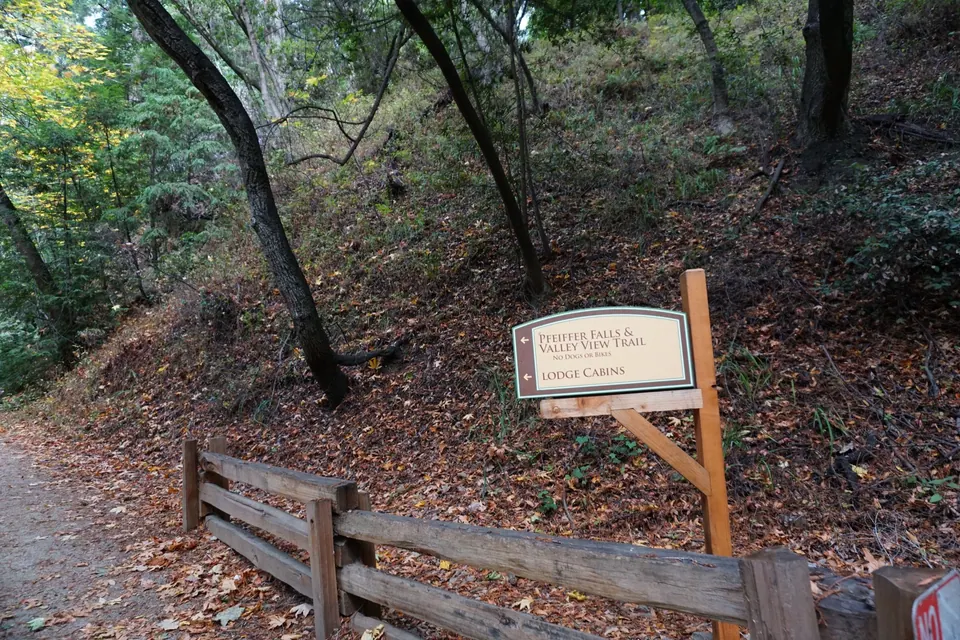 A wooden sign for Pfeiffer Falls and Valley View Trail and Lodge Cabins beside a split-rail fence on a leafy trail.