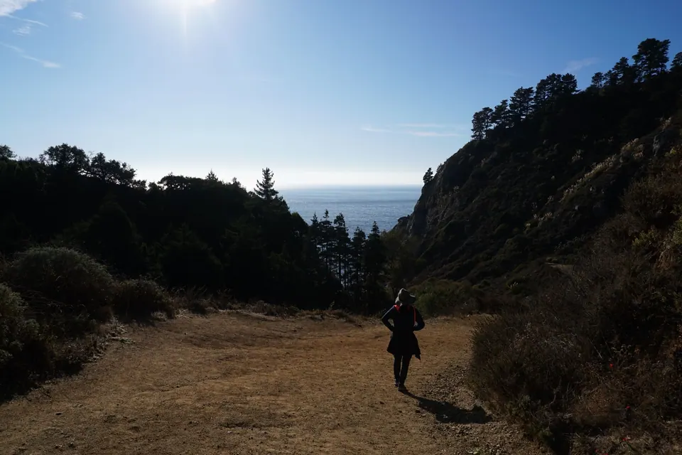 A hiker walks down a dirt path in a canyon toward a gap of sea between steep dark cliffs.