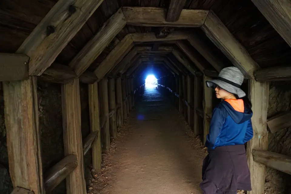 A woman in a sun hat and blue jacket stands in a timber-framed tunnel with a bright opening ahead.