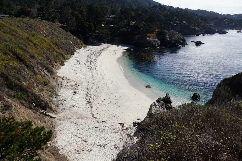 A long white-sand beach curves into a blue cove below forested cliffs.