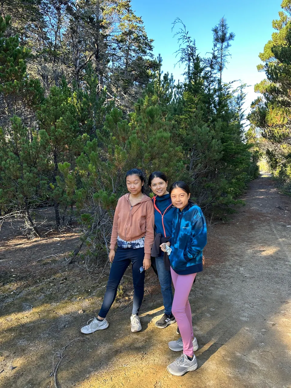 A girl in a brown hoodie, a woman and a girl in a blue tie-dye hoodie stand together on the same sandy trail among low, twisted trees.
