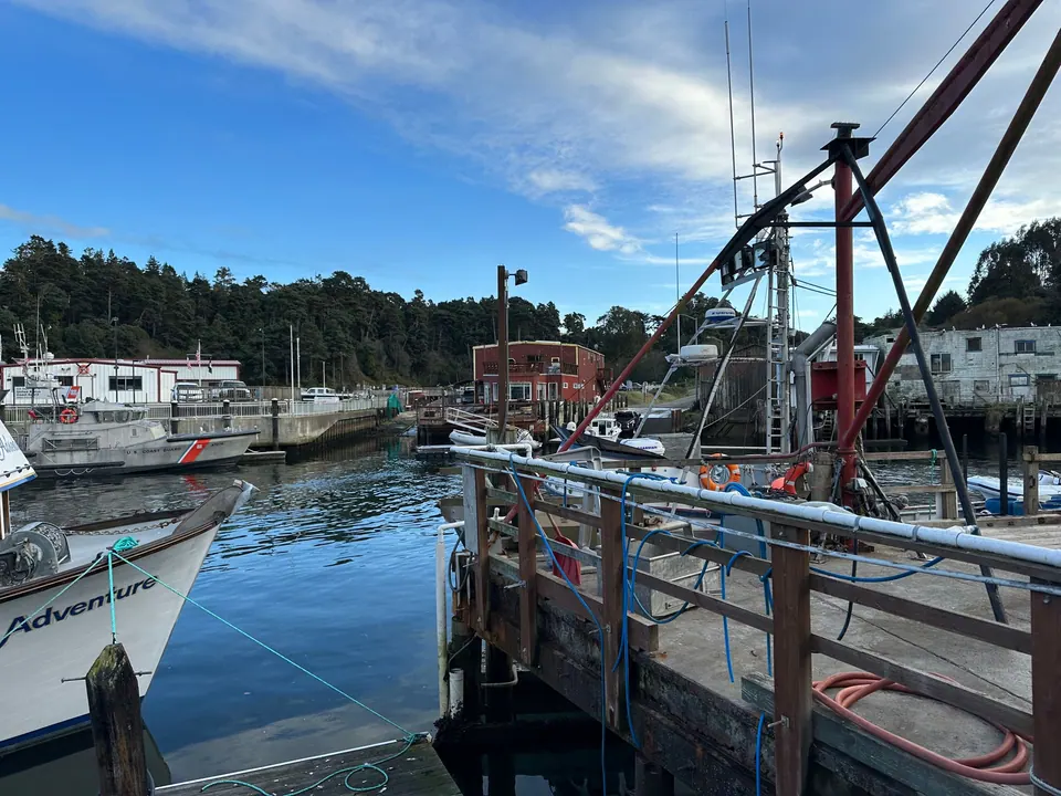 Fishing boats, a Coast Guard vessel and a crane tied up beside a wooden pier in a calm harbor.
