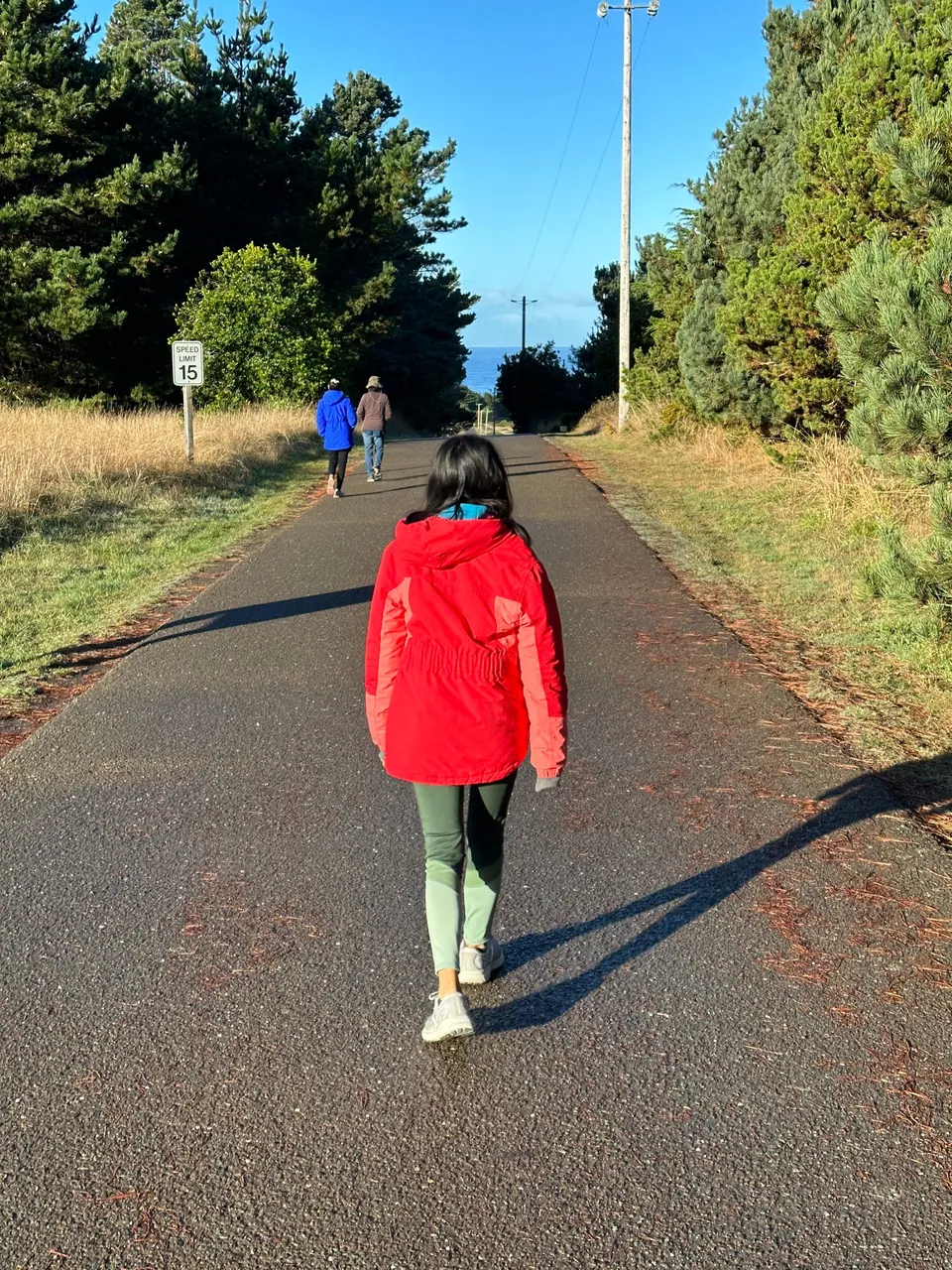 A girl in a red jacket and green leggings walks toward the camera along a paved road lined with dry grass and cypress; two walkers are far behind.