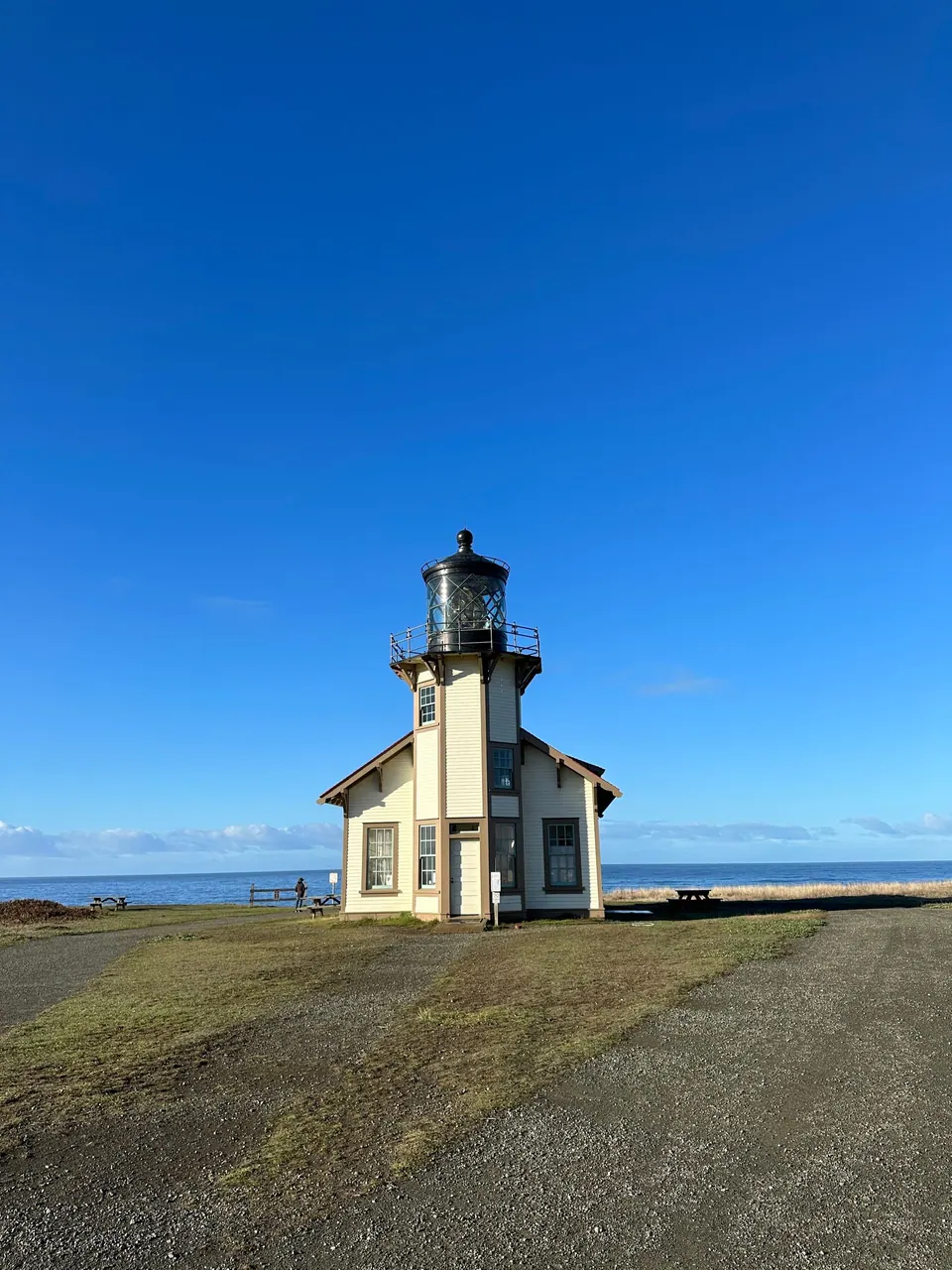 A small white lighthouse tower rising from a low building on a grassy point, with the sea at the horizon.