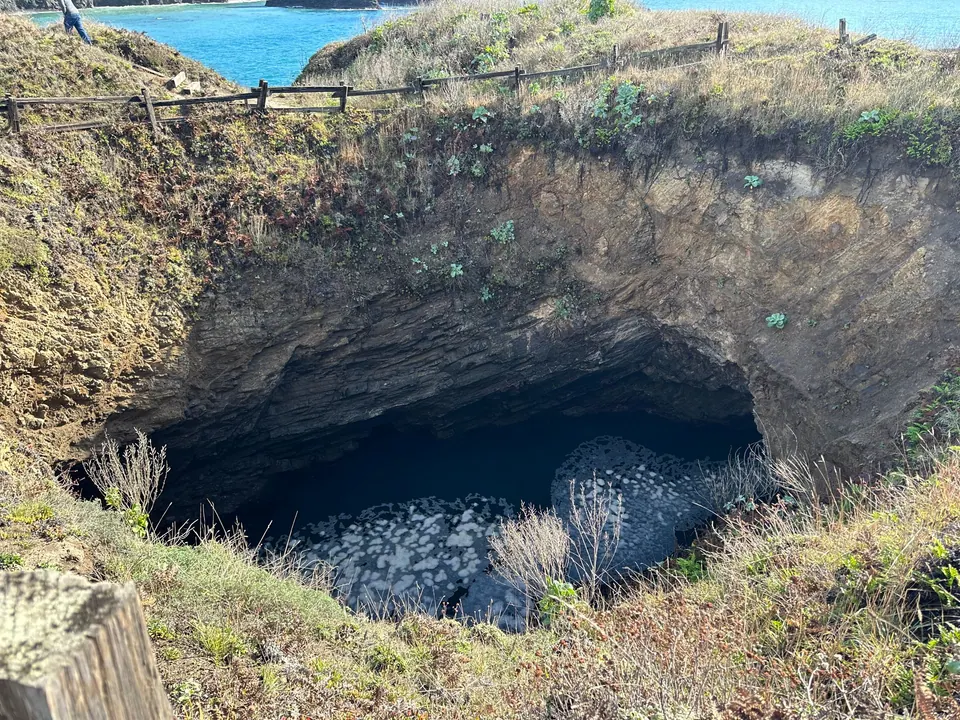 A circular hole in a grassy cliff top, with dark water in a sea cave at the bottom.