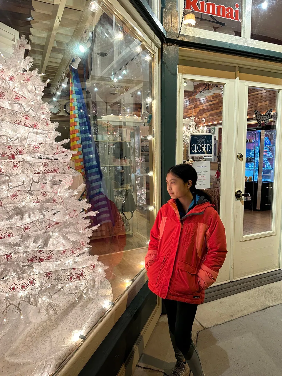 A girl in a red jacket looks at a tall white tree in a shop window at night.