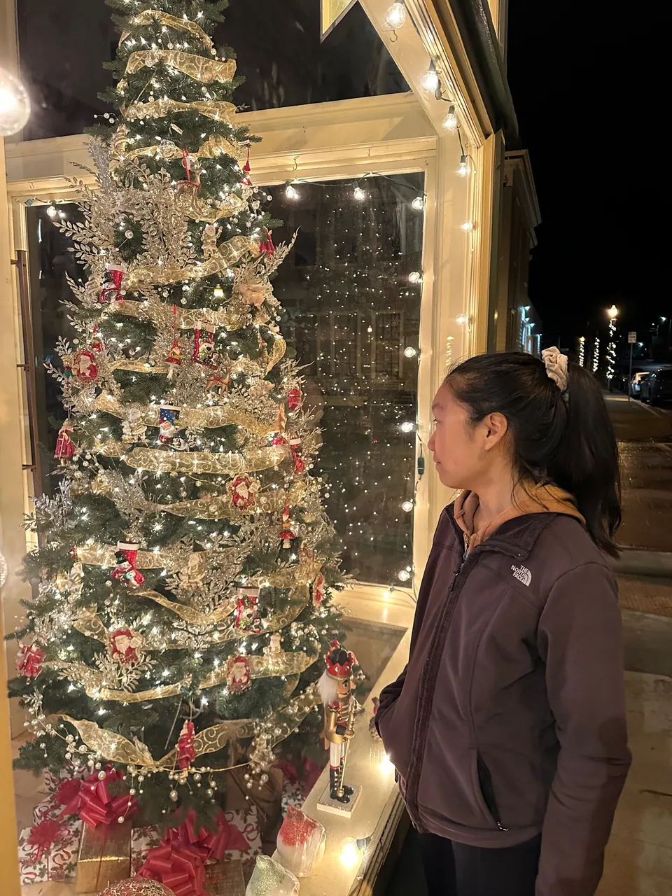 A girl in a dark fleece with her hair up looks into a shop window at a tall Christmas tree hung with gold and red decorations.