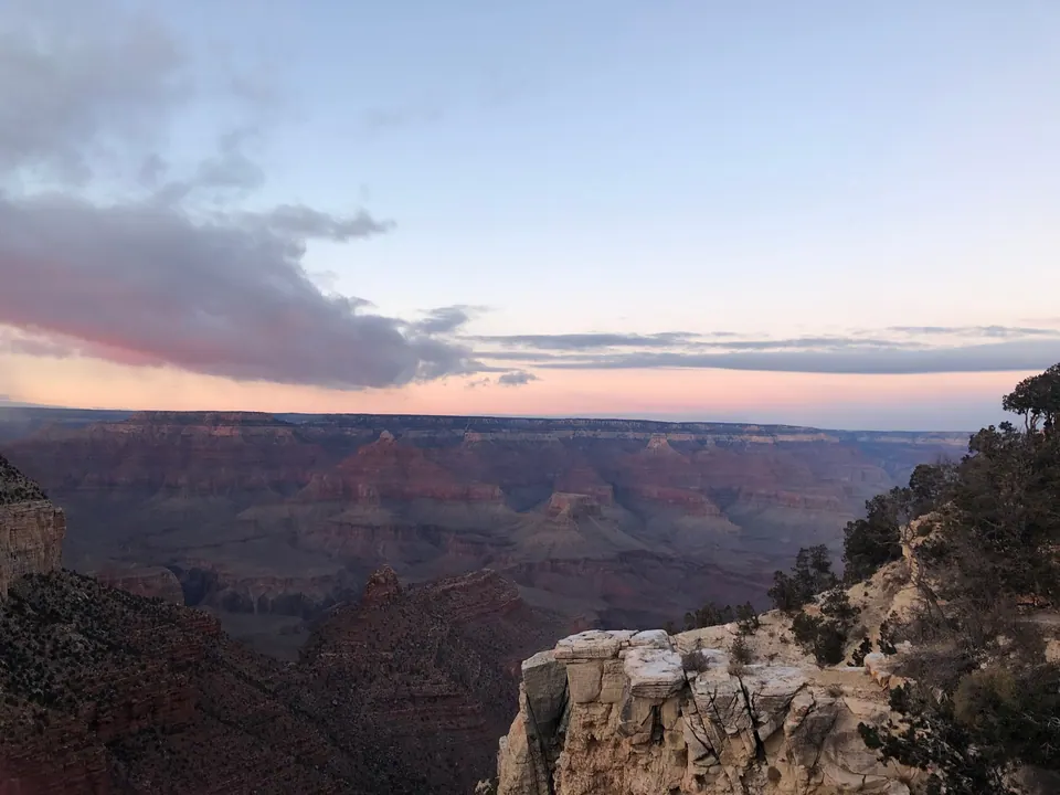 The canyon under a pink and pale blue sky after sunset, with a pale limestone point and pines in the foreground.