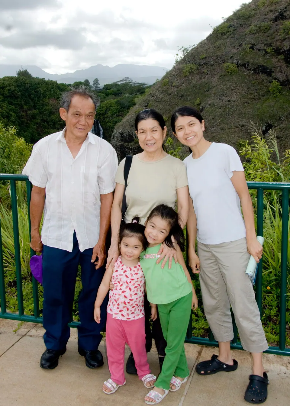 An older man, an older woman and a younger woman stand with two small girls in pink and green at a green metal railing, a rocky hill and clouds behind them.