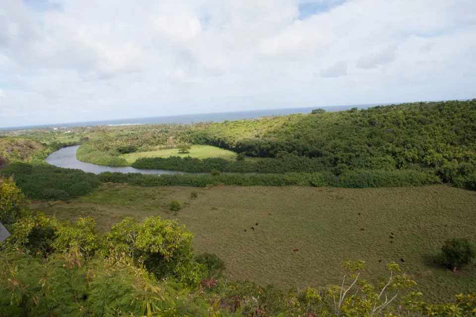 A wide green valley with the Wailua River winding through it toward the sea on the horizon under bright cloud.