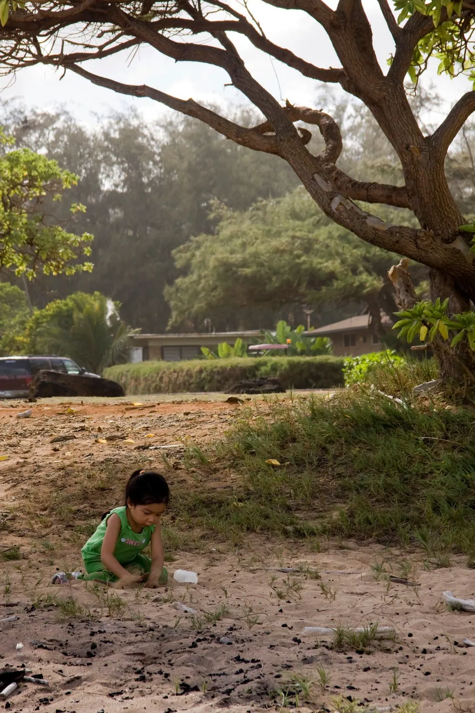 A small girl in green crouches in the sand digging, ironwood trees and a parked car behind her.