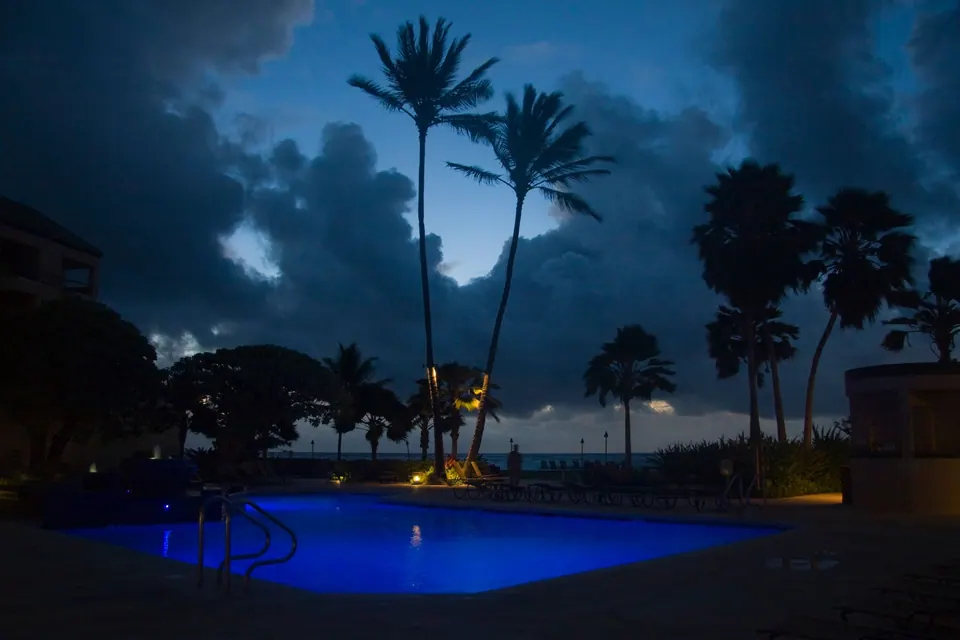 A swimming pool lit bright blue at night beneath tall coconut palms and heavy dark clouds, the ocean faint behind.