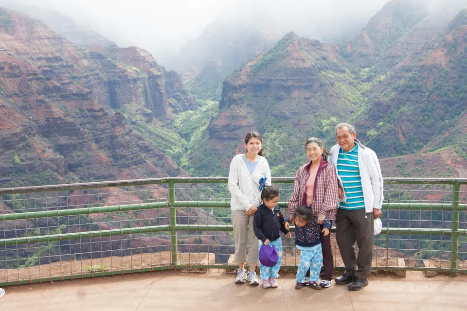 Five adults and children line up at a railing in front of steep green-and-red canyon walls veiled in cloud.