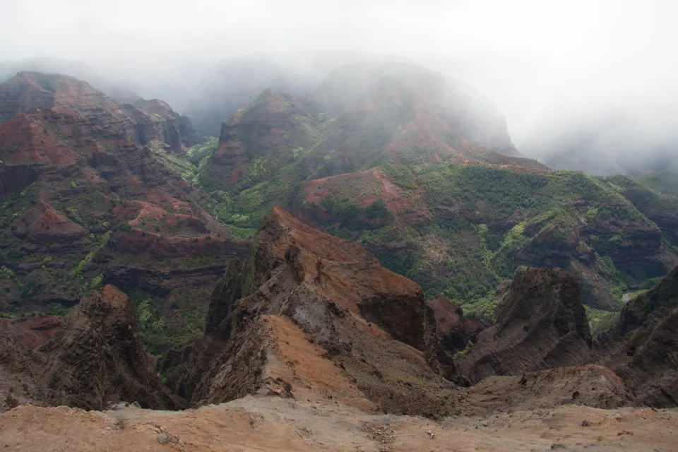 A moody canyon view: jagged red ridges under low cloud with green in the folds.