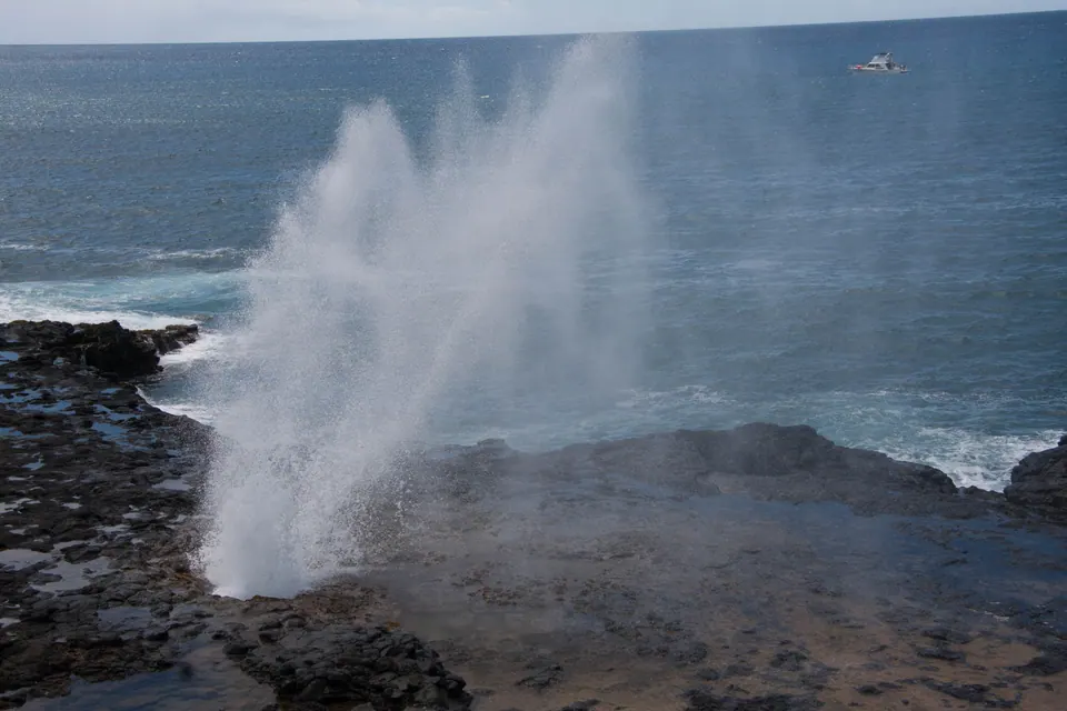 A tall plume of white water erupts from the blowhole with a boat far out on the horizon.