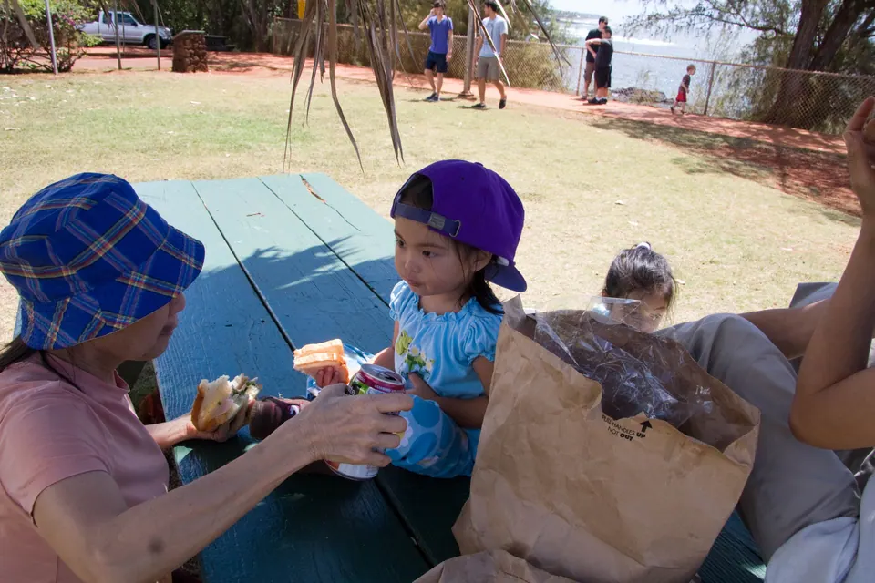 A woman in a blue bucket hat and a small girl in a purple cap eat at a picnic table with a paper lunch bag and a drink.