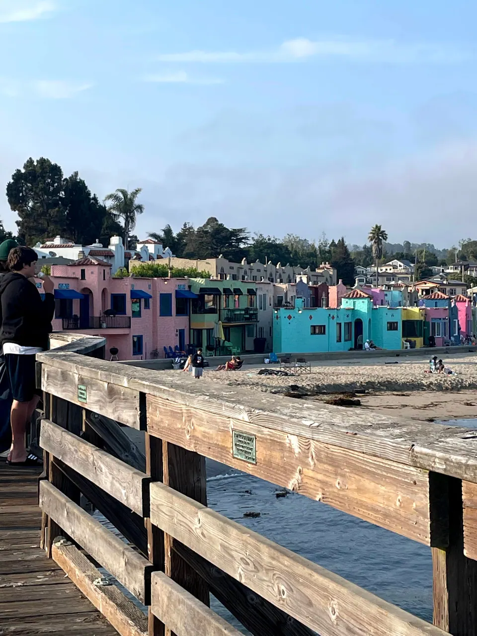 Pink, green and turquoise cottages above a beach, seen past a weathered wharf railing with small green plaques.