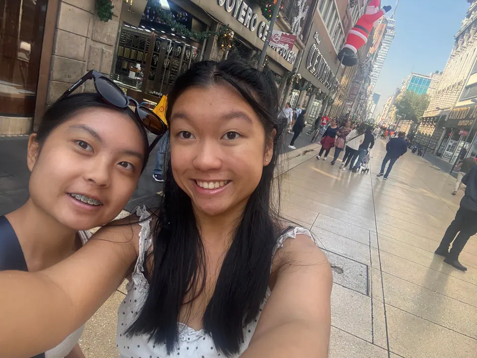 Two smiling girls take a close selfie on a wide pedestrian street lined with old stone buildings and shops, with people walking behind them.
