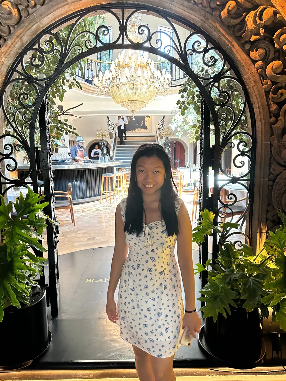 A girl in a white dress with blue flowers stands in an arched wrought-iron doorway between potted plants, a chandelier and a bright dining room behind her.