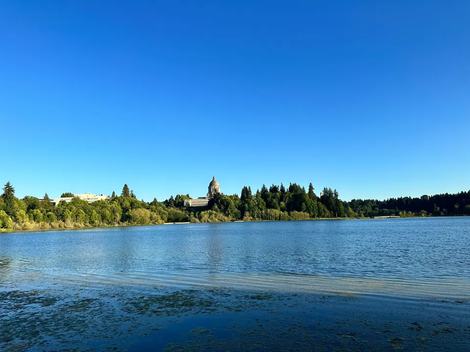 A calm lake under a clear blue sky, with a domed capitol building above the trees on the far shore.