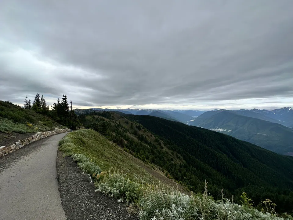 A paved path curving along a green mountainside under heavy gray clouds.