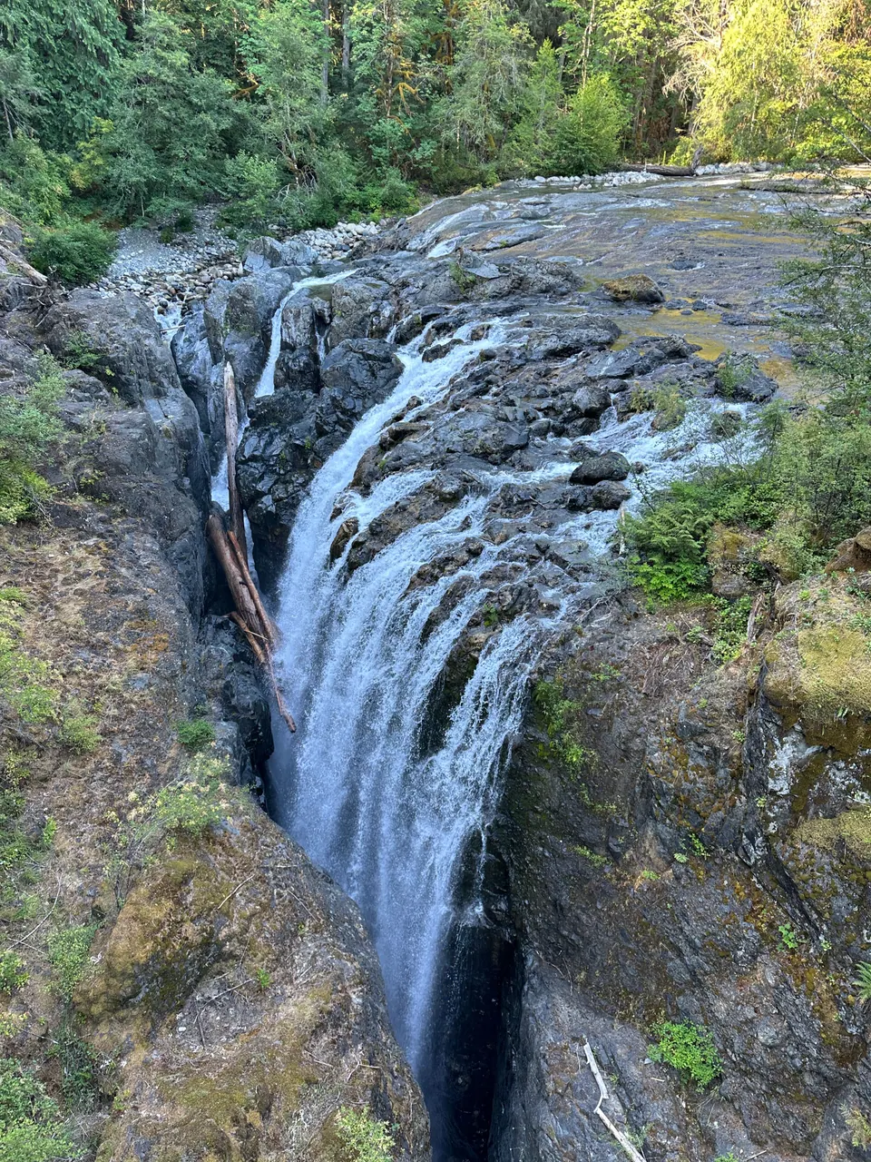 A waterfall pours into a narrow, deep rock canyon lined with green.