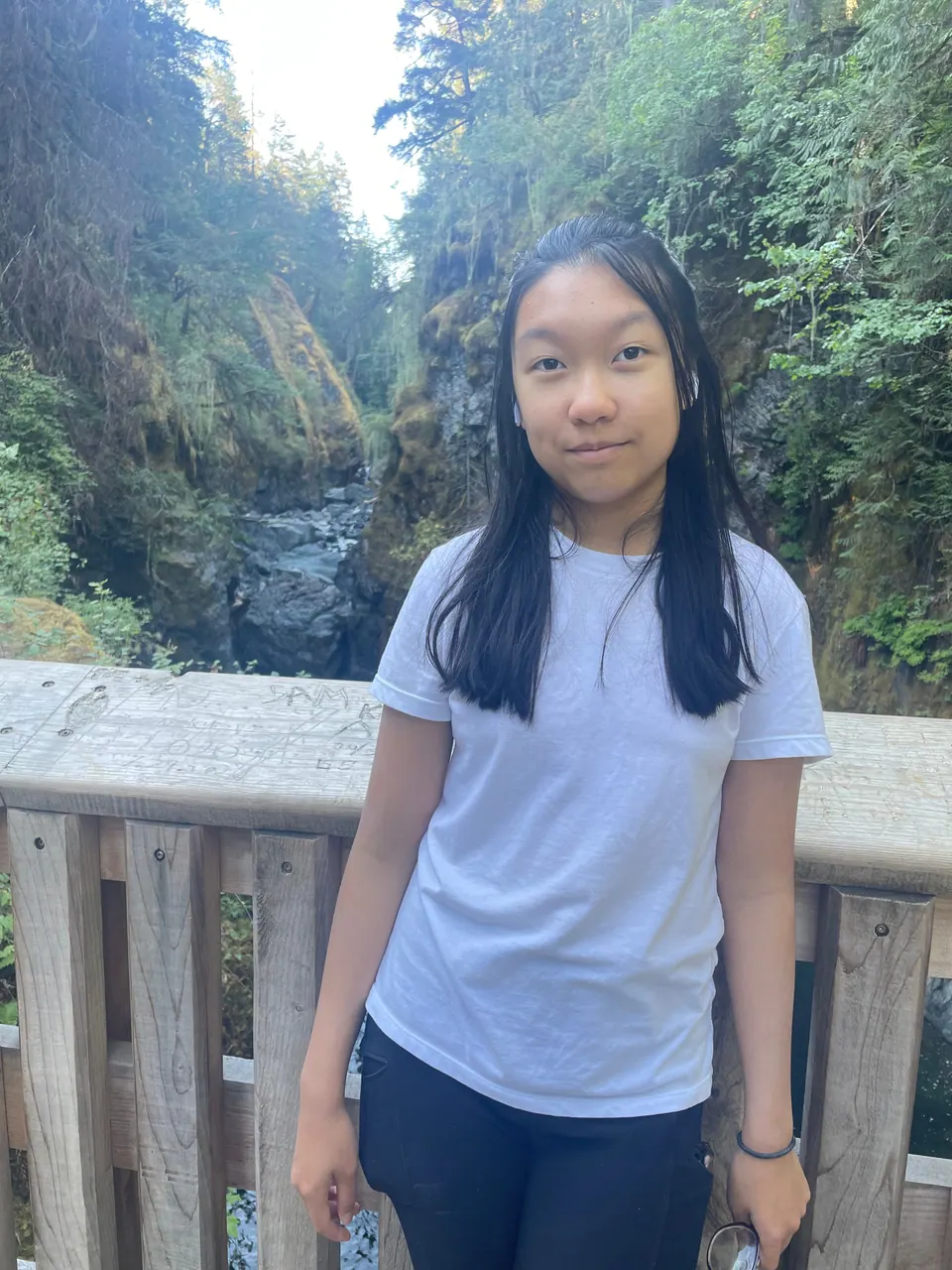 A girl in a white T-shirt stands at a wooden railing with a forested gorge behind her.