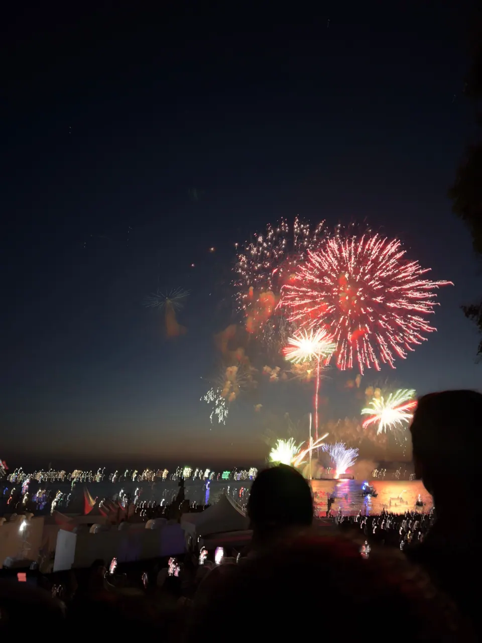 Red and gold fireworks burst over dark water, with a crowd silhouetted in the foreground.