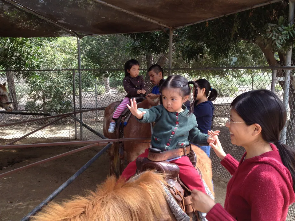 Under a shade roof a girl in a green cardigan and red pants reaches out toward a smiling woman in red while another girl rides a pony behind; a man and a girl in blue stand at the back.