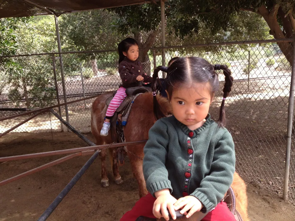 A girl with braided pigtails in a green cardigan looks off to one side, seated in a saddle, with a second girl in a brown cardigan and pink-striped leggings on a pony behind.