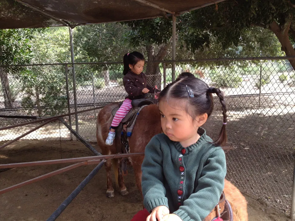 The pigtailed girl in the green cardigan sits on the pony looking off to the right with a serious face, the other girl on her pony behind.